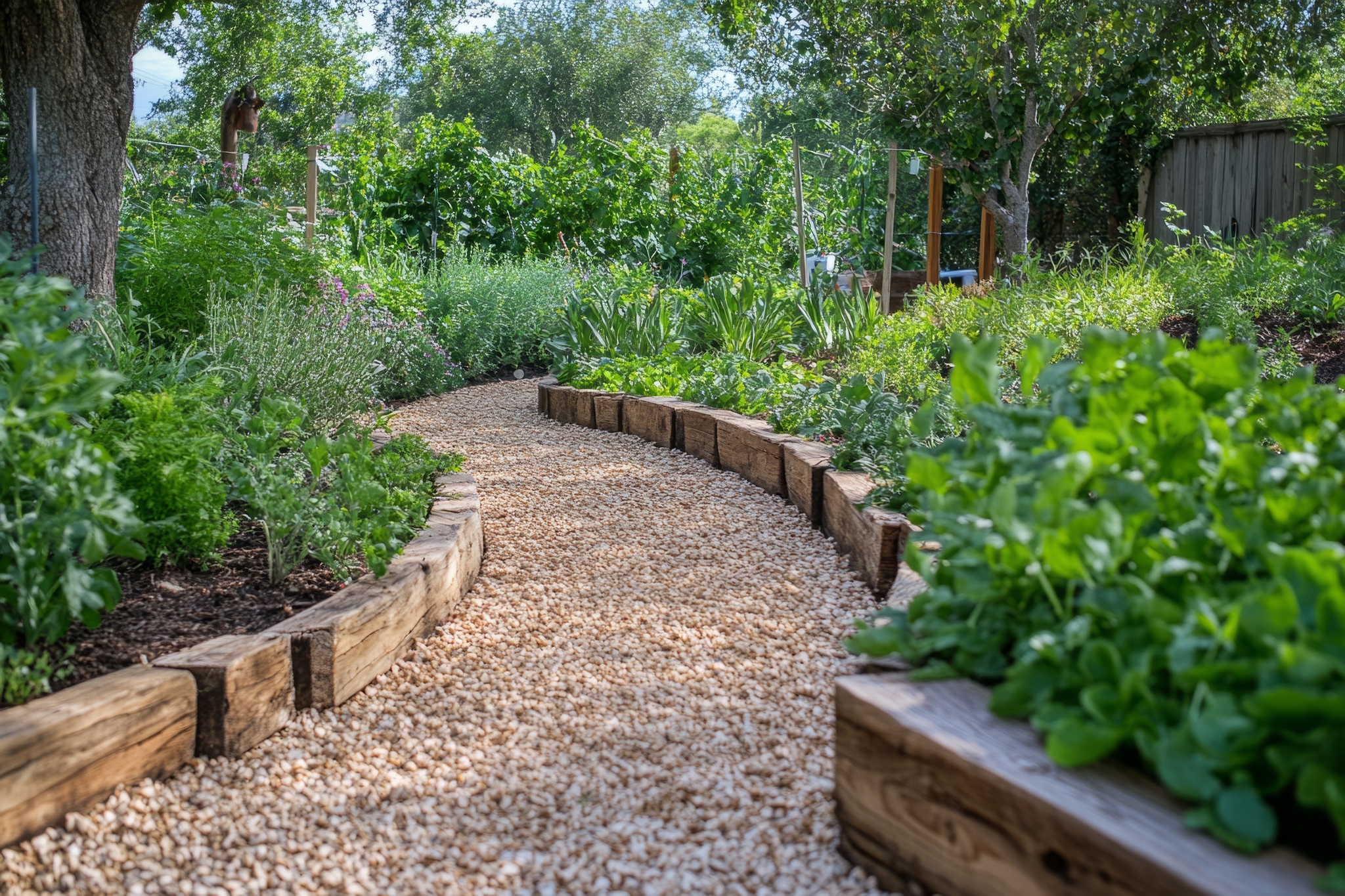 Scenic view of a gravel path meandering through a vibrant garden, bordered by rustic wooden beams, creating a peaceful and inviting atmosphere