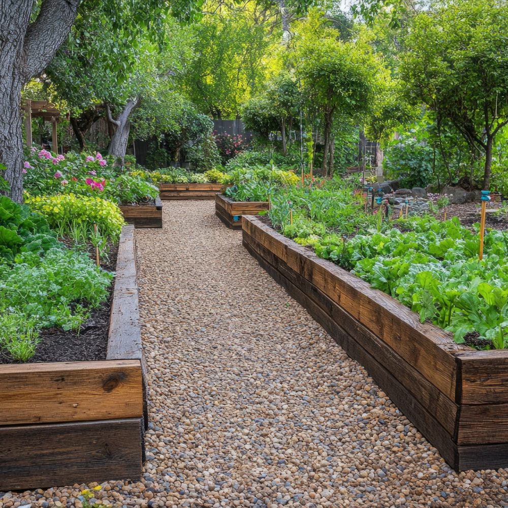 Vibrant green vegetable plants thriving in raised wooden beds, bordering a gravel path in a backyard garden